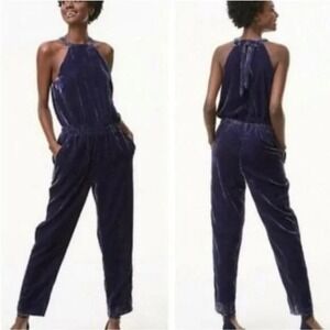 LOFT‎ Women's Size M Purple Crushed Velvet Halter Jumpsuit Elastic Waist